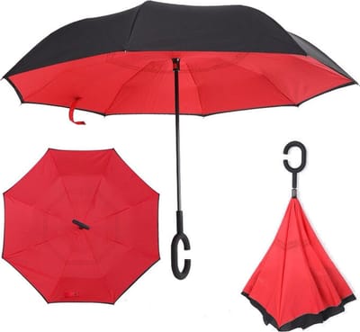 Allernieuwste.nl® Smartplu - Zwart met Rood. De omkeerbare innovatieve, ergonomische stormparaplu - 105 cm