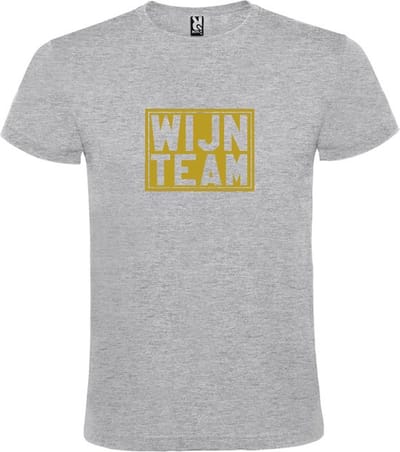 Grijs T shirt met print van " Wijn Team " print Goud size M