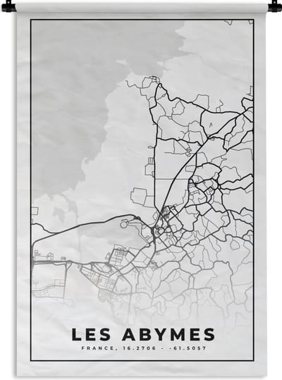 Wandkleed - Wanddoek - Frankrijk - Les Abymes - Kaart - Plattegrond - Stadskaart - Zwart wit - 120x180 cm - Wandtapijt