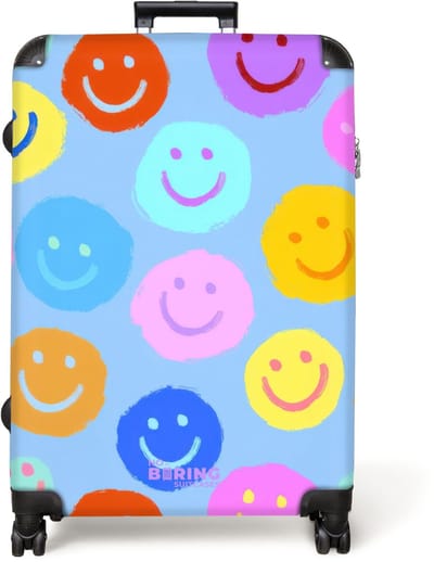 NoBoringSuitcases.com® - Koffer groot - Reiskoffer lichtgewicht - Regenboog smiley's op een blauwe achtergrond - Rolkoffer met 4 wielen - Grote trolley XL - 98 liter bagage