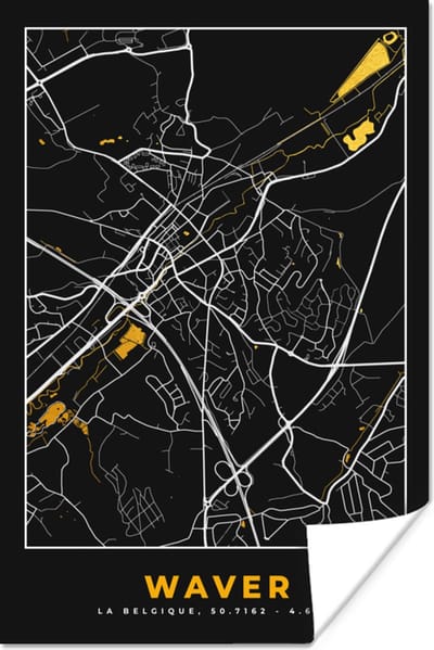 Poster Plattegrond - Waver - Kaart - Goud - Stadskaart - 120x180 cm XXL