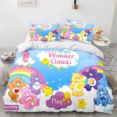 Dessin Animé Anime Bisounours Housse de Couette Ensemble Taie d'Oreiller Kawaii Bisounours Ensemble de Literie pour Enfants Décoration Taille Simple Double Queen King AU Single(140*210cm)3pcs