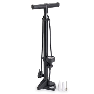 Cheqo® Fietspomp Staand - Vloerpomp met Manometer en Drukmeter - Geschikt voor Alle Ventielen - Dunlop Ventiel - Presta Ventiel - Schrader Ventiel - Hogedruk Pomp - Dubbele Ventielkop - Ballenpomp - Luchtpomp - Fietsaccessoires - Zwart
