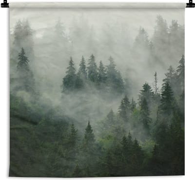 Wandkleed - Wanddoek - Bos - Mist - Bomen - Natuur - 180x180 cm - Wandtapijt