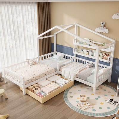 Kinderbed Huisje - Boomhutbed - L-Vormig Bed - Huisjesbed - Met Lades - Planken - Hekje - Lattenbodem - Slaapkamer - (90x200 cm+140x70cm) - Wit