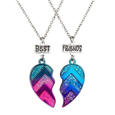 Bixorp Friends BFF Ketting voor 2 met Blauw & Roze Hartje Zilverkleurig - Vriendschapsketting - Twee Helften Best Friends -  Voor Meisjes  - Best Friends Ketting Vriendschap Cadeau voor Twee