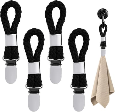 Famanu – Handdoekklemmen set van 4 stuks voor het ophangen van handdoeken en theedoeken, zwart, ideaal voor badkamer en keuken