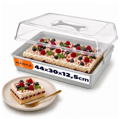 KADAX Taartdoos met deksel, 44 x 30 x 12,5 cm, kunststof taarthouder, transportdoos met handvat, bakvorm, voor blikcake, muffins, rechthoekig, voedseldoos (grijs)