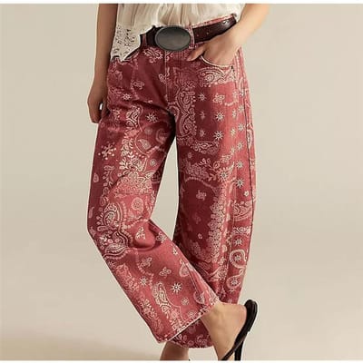 Jeans amples imprimés en denim pour femmes automne et hiver, pantalon neuf points jambe large taille moyenne Y2K S rouge