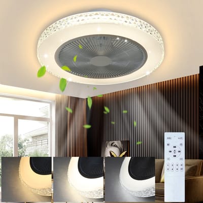 NETTLIFE Plafondventilator met verlichting - wit - 48.5CM - Rond - met afstandsbediening - LED 38W - metaal en kristal - CCT dimbaar - woonkamer ventilator - Timing plafondlamp - slaapkamer | eetkamer