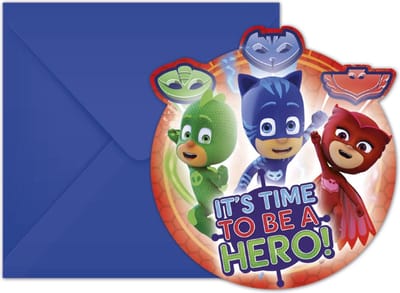 Vegaoo - 6 kartonnen PJ Masks uitnodingen met enveloppen 14 x 9 cm