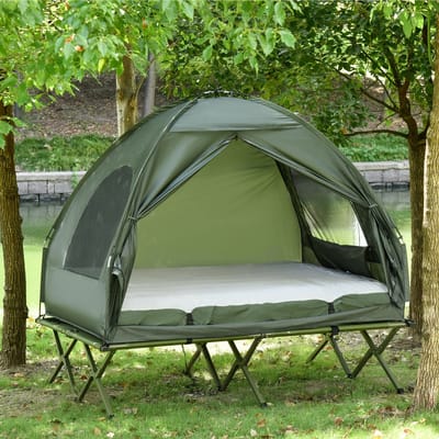 MODFU Verhoogd Campingbed met Koepeltent – Complete Set voor 2 Personen – Met Luchtmatras & Voetpomp – Waterafstotend – Snel Opzetten – Groen – 193 x 136 x 178 cm
