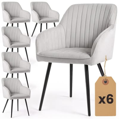 Set van 6 Eetkamerstoelen FLORENCE met Armleuningen / Gestoffeerde Stoelen / Fluwelen Stoelen en Metalen Poten / Grijs met zwarte benen