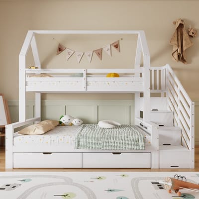Clruro Stapelbed - 90x200/140x200 cm - Huisbed met Laden en Trapkast - Grenen+MDF+Multiplex - Wit
