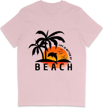 T Shirt Heren en Dames - Life is Better at the Beach - Roze - XS