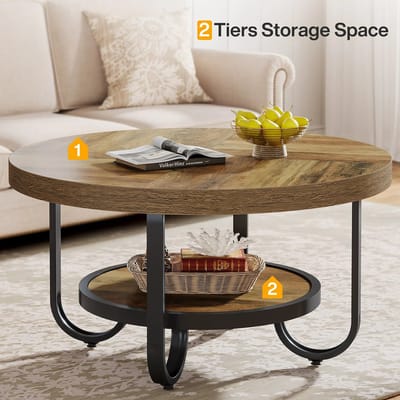 QUESTYR Ronde Salontafel – 79 cm – 2‑Laags – Donker Kaki – Moderne Houten Salontafel met Metalen Frame – Woonkamer Tafel met Opbergplank