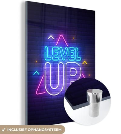 MuchoWow® Glasschilderij 120x160 cm - Schilderij acrylglas - Gaming - Neon - Level Up - Quotes - Gamen - Foto op glas - Schilderijen