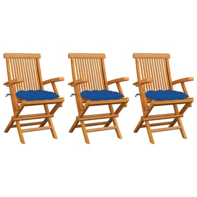 vidaXL - Klapstoelen - met - blauwe - kussens, - 3 - stuks, - massief - teakhout