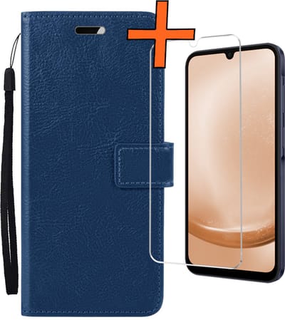Hoes - Met Screenprotector - Geschikt voor Samsung Galaxy A25 - Luxe Pasjeshouder - Bookcase Portemonee - Flip Case - Kunstleer Book Case - Flipcase - Book Cover - Walletcase - PortemonneeHoes - Donkerblauw