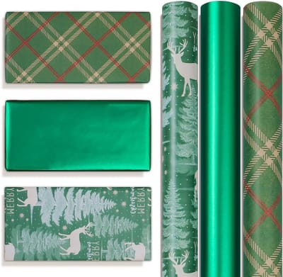 Dailygoods - Niviy Inpakpapier voor Kerstmis 43 cm x 3 m elk, grote rol groen inpakpapier voor kerstcadeaus, origineel retro kerstpapier Pack van 3