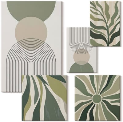 Wallfluent Set van canvas schilderijen - Stijlvolle abstracties in tinten groen en beige Canvas Schilderijen Set - Set van 5 Canvas Schilderijen - Groente Set van Canvas Prints - Abstractie Canvas Kunst Set - Boheemse Canvas Kunst Set