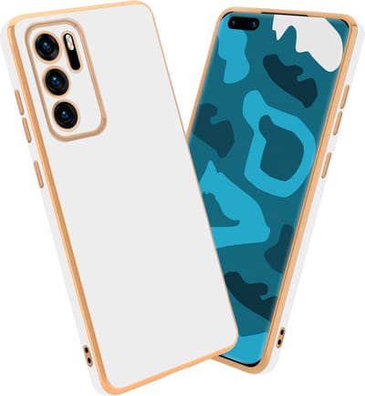 Cadorabo Hoesje geschikt voor Huawei P40 in Glossy Wit - Goud - Beschermhoes Case Cover van flexibel TPU-silicone en met camerabescherming