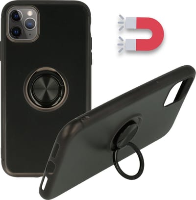 HB Hoesje Geschikt voor Apple iPhone 11 Pro - Zwart - Siliconen Back Cover met Ring Kickstand - Geschikt voor Magneet Houders