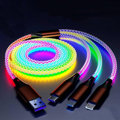 Daity 3-in-1 LED-verlichte oplaadkabel - RGB-led-snellaadkabel - Apple/Type-C/Micro USB-interface - compatibel met Samsung Galaxy - Huawei - Android - Sony Xperia en andere smartphones (1,2 m).