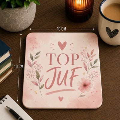 Top Juf Onderzetter 10x10 cm – Roze Bloemen Design – Cadeau voor de Liefste Juf