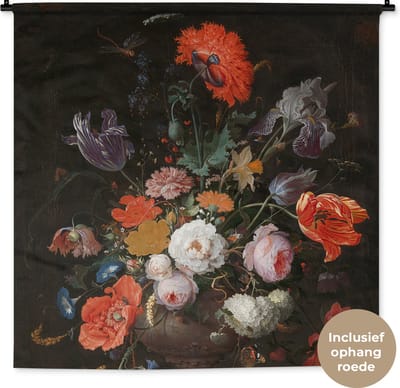 Wandkleed - Wanddoek - Stilleven met bloemen en een horloge - Schilderij van Abraham Mignon - 120x120 cm - Wandtapijt