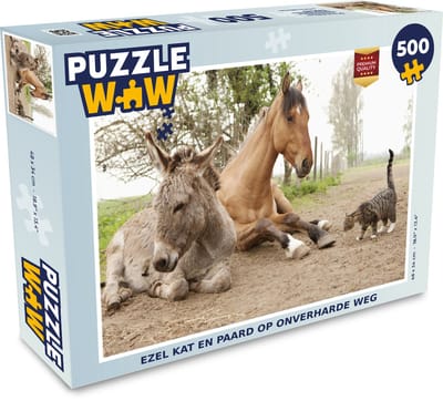 Puzzel Ezel kat en paard op onverharde weg - Legpuzzel - Puzzel 500 stukjes