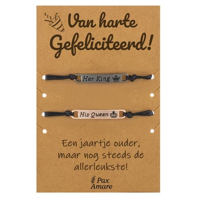 Vriendschapsarmbandjes voor 2 "Van Harte Gefeliciteerd" - Her King His Queen - BFF Armbandjes met Verjaardags Cadeau Kaartje - Zwart & Rosé Goud - Elastisch Verstelbaar - Pax Amare