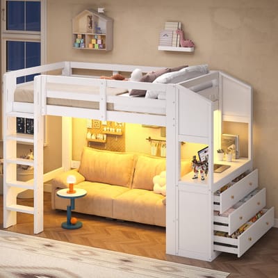 Hoogslaper 90x200 - Witte hoogslaper met 6 lades en opbergplanken - LED-verlichting met app en Bluetooth - 240 x 106 x 170 cm