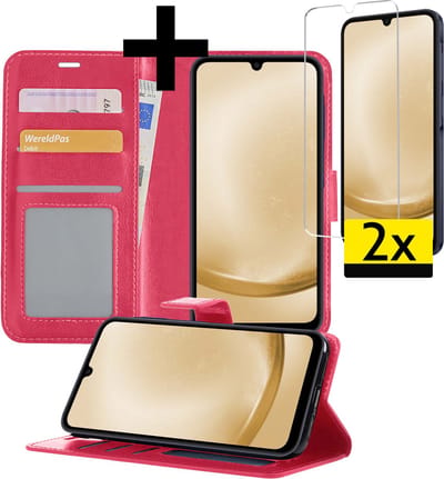 Hoesje - Met 2x Screenprotector - Geschikt voor Samsung Galaxy A25 - Luxe Pasjeshouder - Bookcase Portemonee - Flip Case - Kunstleer Book Case - Flipcase Hoes - Book Cover - Walletcase - Portemonneehoes - Telefoonhoesjes - Donkerroze