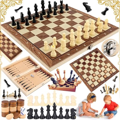 3-in-1 Houten Schaakbord Set - Opvouwbaar Schaakspel voor Kinderen - Perfect voor Familiefeesten en Reizen