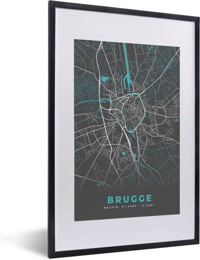 Fotolijst incl. Poster - Stadskaart – Grijs - Kaart – Brugge – België – Plattegrond - 40x60 cm - Posterlijst