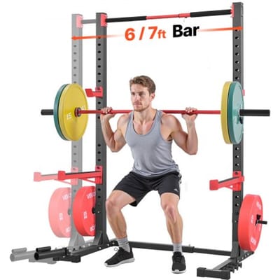 VEVOR Power Rack met een draagvermogen van 445 kg, multifunctioneel squat rack voor thuisgym, krachttrainingsapparaat met 6 bandpinnen, landmine-bevestiging en veiligheidsstangen voor bankdrukken en squats.