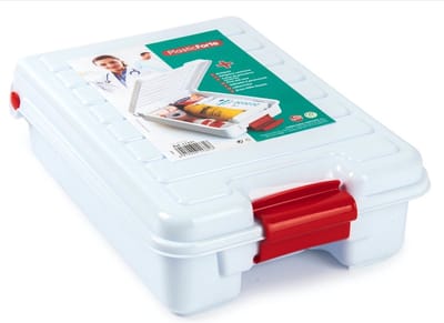 Lege EHBO-koffer / Verbanddoos – Kunststof – 4 Vakken – 26 x 35 x 10 cm – Wit met Rode Sluiting