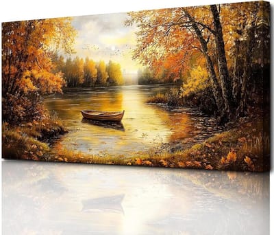 Canvas Schilderij - Wanddecoratie Muurkunst - Woonkamer Aankleden - Gouden Bos Meer - 73x146 cm - Goud