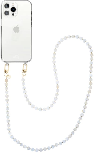 xoxo Wildhearts siliconen hoesje - Geschikt voor iPhone 16 Pro Max hoesje - Shell Hearts (long) - Telefoonhoesje - Hoesje met koord - gekleurde hartjes - Lang koord - Transparant hoesje met telefoonkoord - Beige / Crème
