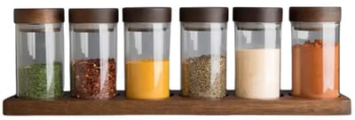 Kruidenpotjes set Space – 6 glazen 120 ml – acaciahout – Ø4,5xH11,5 – houten standaard