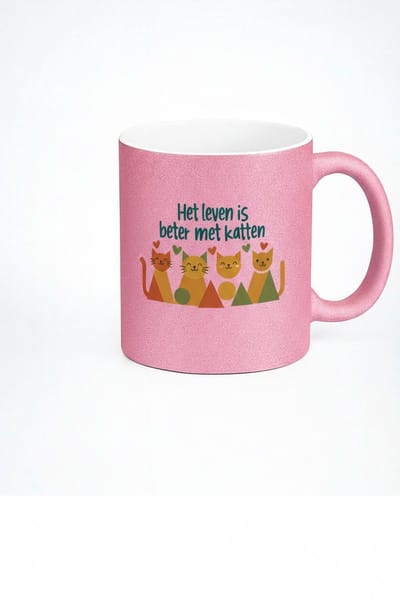 Roze Glitter Mok - Het Leven is Beter met Katten - Cadeau voor Kattenliefhebbers