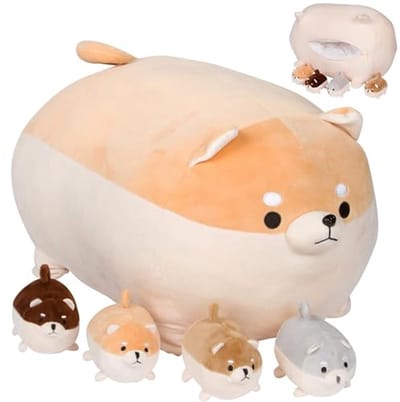 Gevuld Hondenspeelgoed - Schattige Pluche Shiba Inu met Puppies - Fantasierijk Speelgoed voor Puppy Verrassing