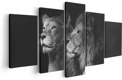 Artaza Canvas Schilderij Vijfluik Leeuw En Leeuwin - Zwart Wit - 100x50 - Foto Op Canvas - Canvas Print