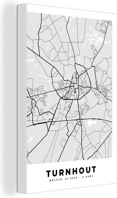 Canvas Schilderij Zwart Wit – België – Plattegrond – Stadskaart – Kaart – Turnhout - 20x30 cm - Wanddecoratie