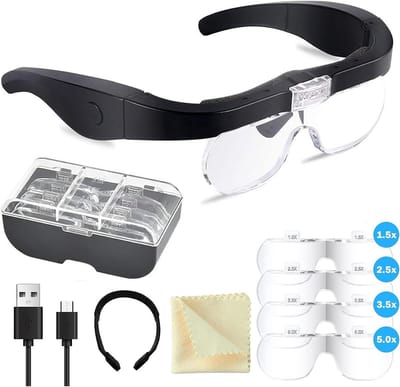 Vergrootbril met licht - Hoofdband vergrootglas - Nauwkeurig werk - 4 verwisselbare lenzen - USB oplaadbaar - Zwart