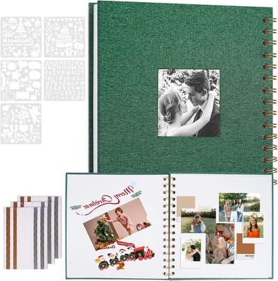 Linnen Fotoalbum met DIY Venster, 20.5×20.5cm Donkergroen Scrapbook, Witte Binnenpagina's, Herinneringsboek voor Reizen, Bruiloften en Verjaardagen