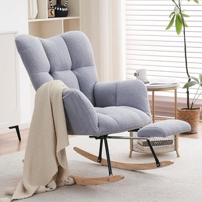 Comfortabele Grote Schommelstoel met Voetensteun en Teddy Stof Bekleding - Grijs