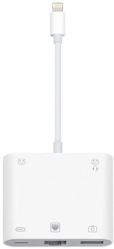 5 IN 1 8-Pin naar Ethernet (RJ45) + USB 3.0 + USB-C + 2x 3.5MM jack AUX - geschikt voor Lightning - internet adapter kabel hub - geschikt voor o.a. iPhone en iPad - wit