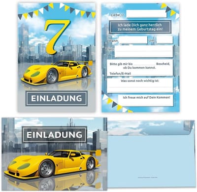 Uitnodigingskaarten - Feestkaarten - Verjaardagsfeest - Raceauto Thema - 8 kaarten + enveloppen - Multicolor